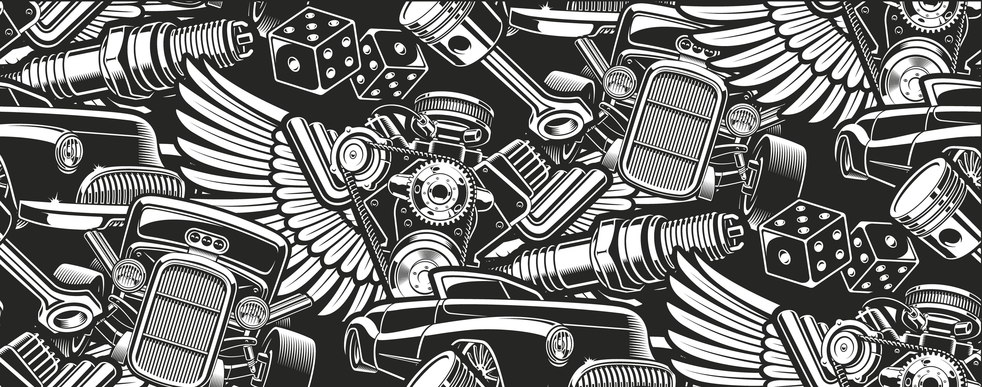 Black and white illustration of mechanical parts and cars on a black background
